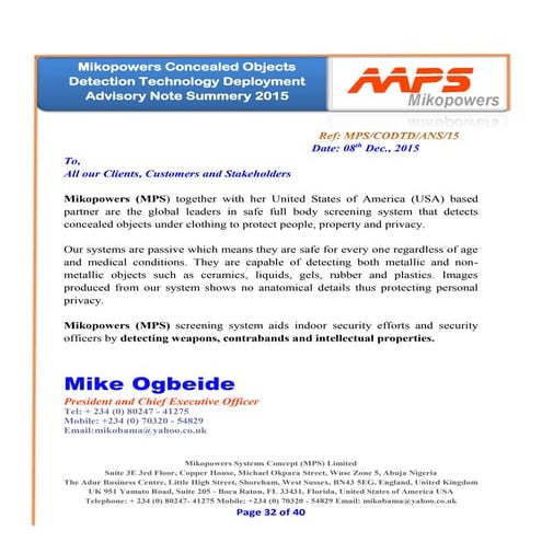 MIKOPOWERS ADVANCED CONCEALED OBJECTS DETECTION TECHNOLOGY DEPLOYMENT ...