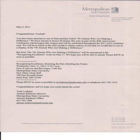 40 Alumni Who've Made a Difference - letter