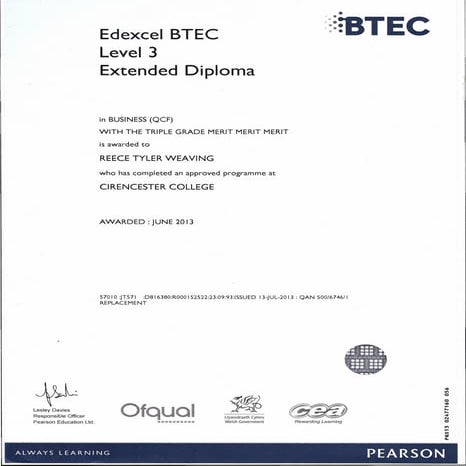 BTEC Extended Diploma in Business (QCF) Reece Weaving