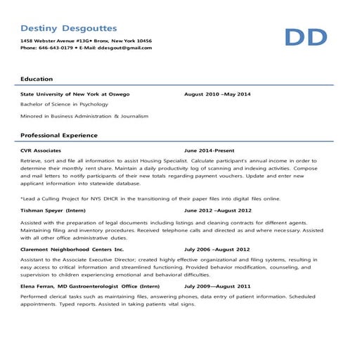 Destiny Desgouttes's Resume