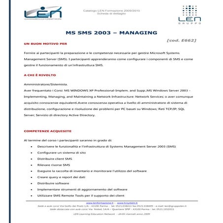 Ms sms 2003 managing - Scheda corso LEN