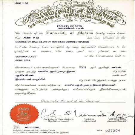VMA - BBA Degree certificate