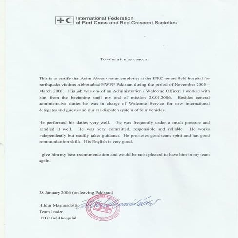 Recomendation letter IFRC Abbottabad | PDF