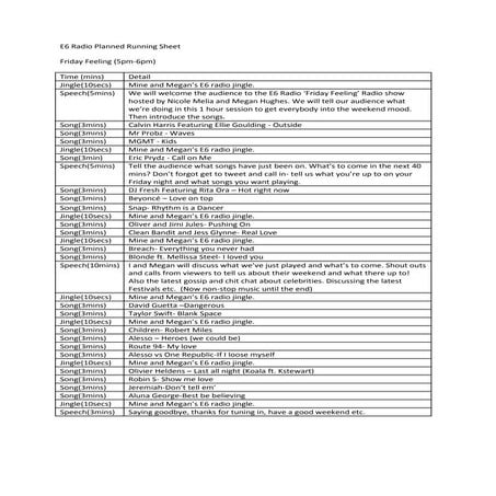 E6 radio rough copy planned running sheet | DOCX