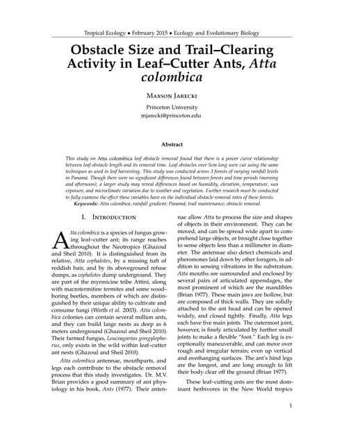 Obstacle Size and Trail–Clearing Activity in Leaf–Cutter Ants, Atta colombica