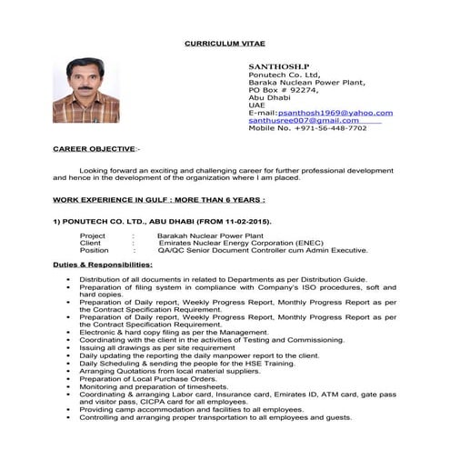 CV of QA-QC Senior Document Controller cum Admin Executive