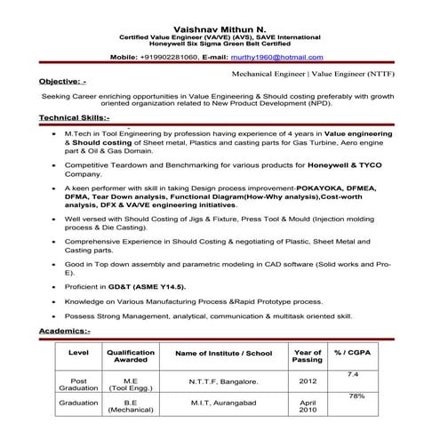 Resume of Vaishnav Mithun_New