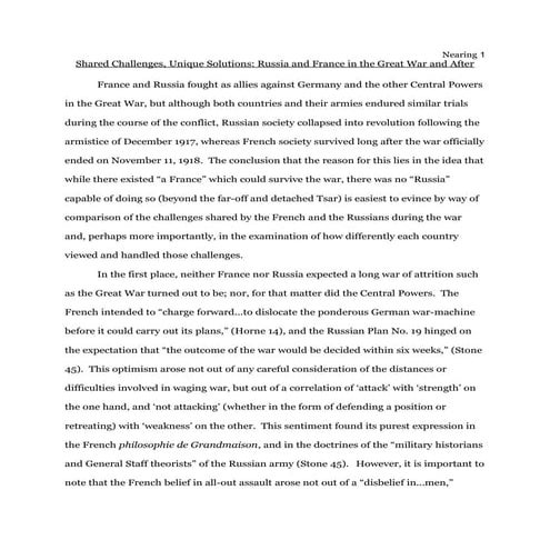 Shared Challenges Unique Solutions. Russia & France in the Great War and After