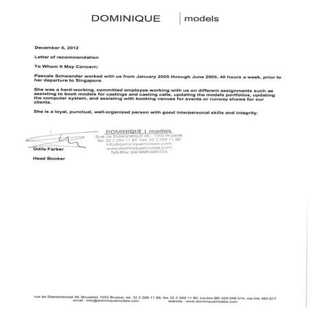 Letter of recommendation Dominique Models