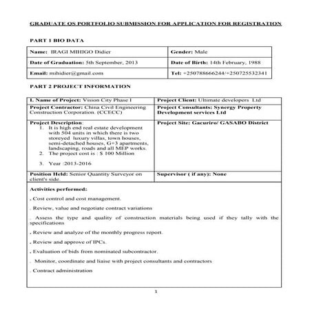 GRADUATE QS PORTFOLIO SUBMISSION FOR APPLICATION FOR REGISTRATION