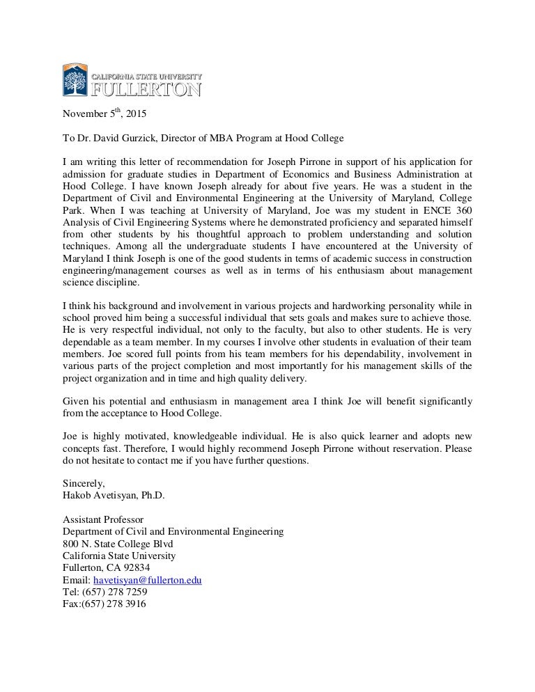 Recommendation Letter For Joseph Pirrone Hakob UMD Professor
