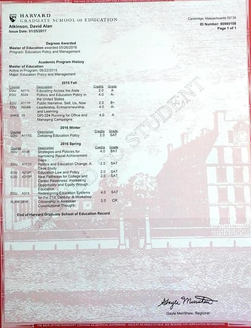 Harvard Transcript