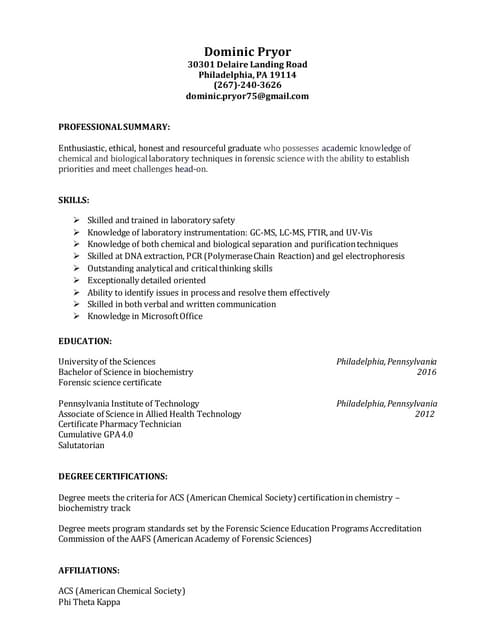 entry level forensic scientist resume