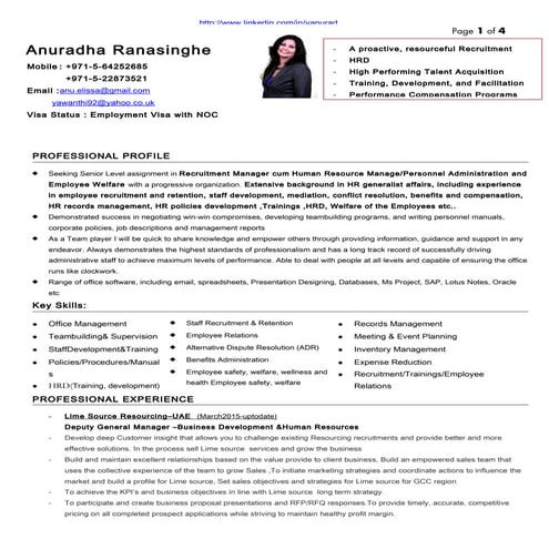 Resume of Anuradha Ranasinghe HR Recruitment manager2015