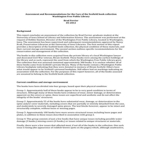 Scofield Assessment Recommendations