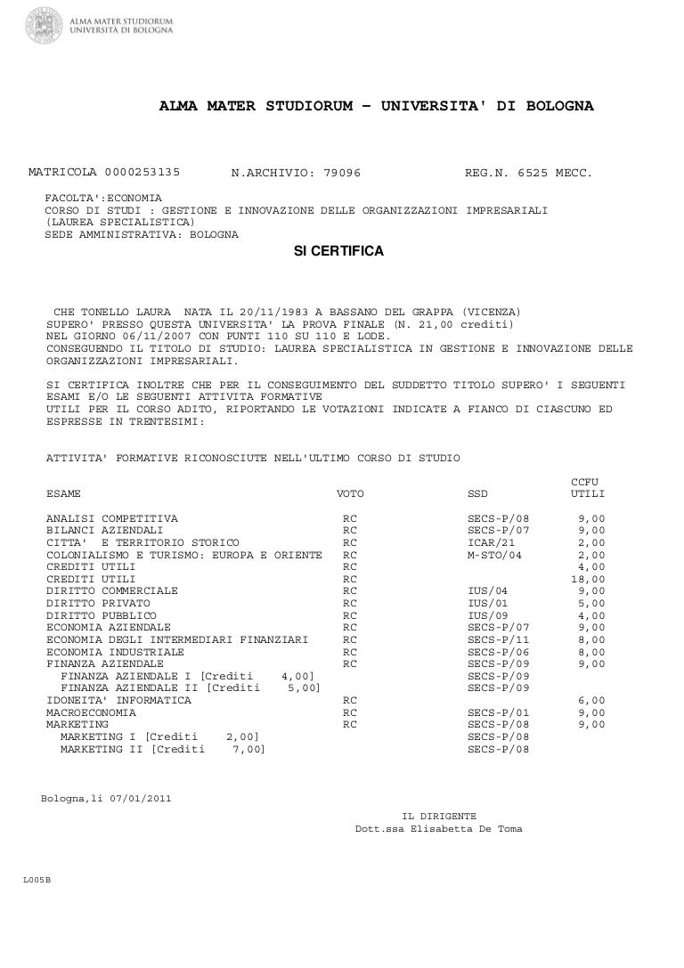 MASTER'S DEGREE, Economics, University of Bologna