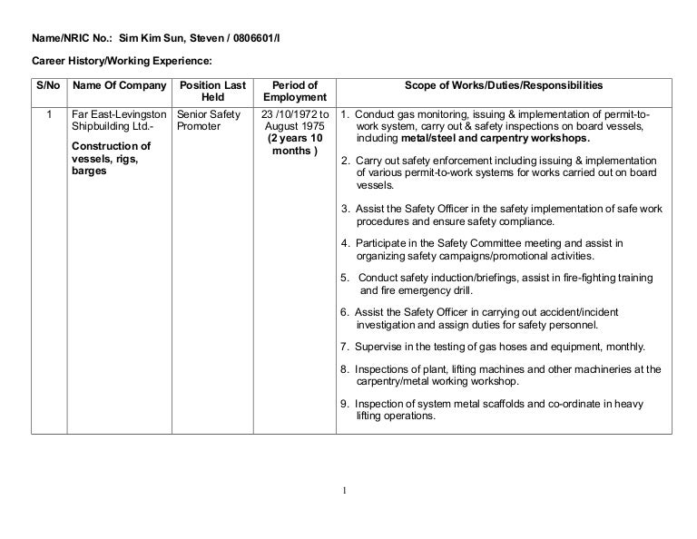 Career History, Working experience