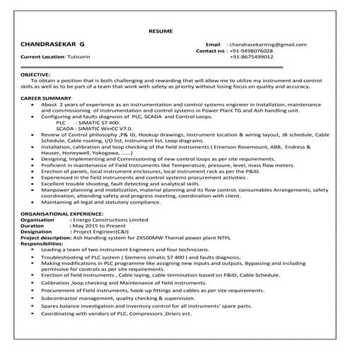 Chandrasekar G resume - Instrument Engineer new