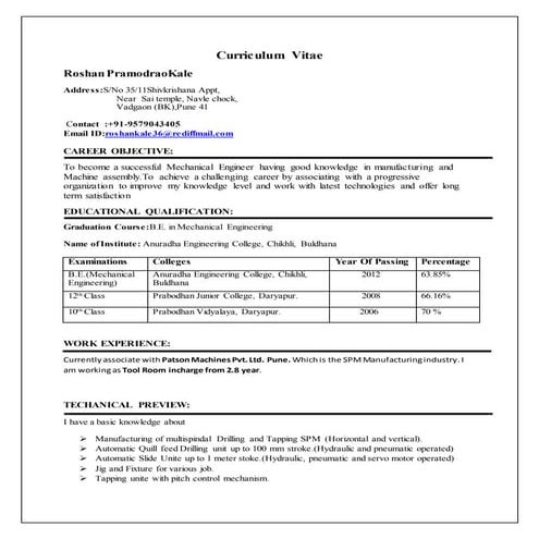 Tool Room Incharge | DOCX