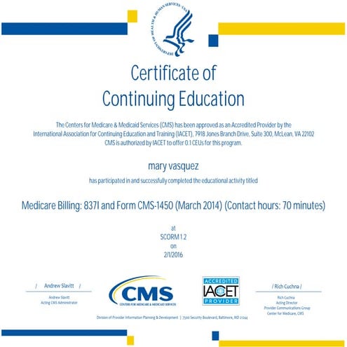 837I and Form CMS-1450 certificate