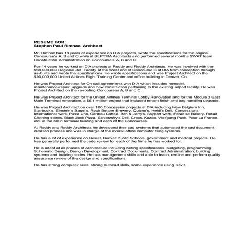 RESUME FOR STEVE RIMNAC ARCHITECT 2017
