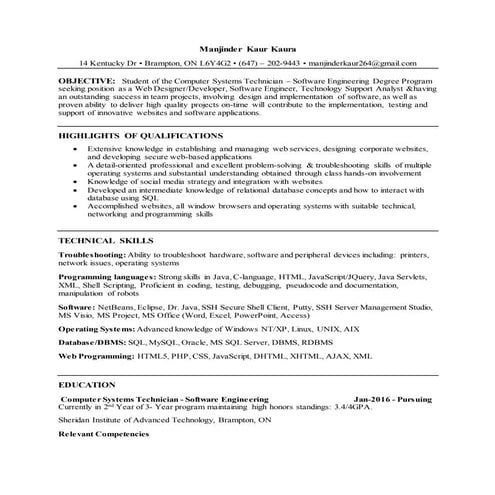 Manjinder Kaur  Kaura's Resume