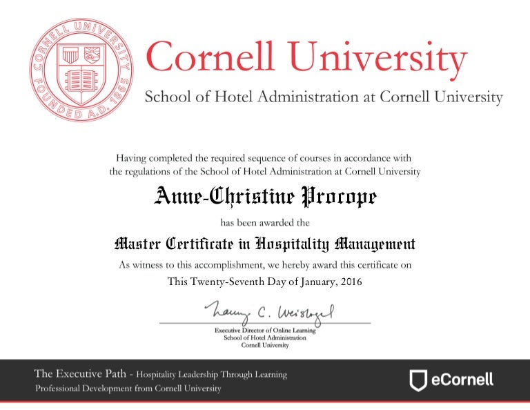 Cornell University Master Certificate in Hospitality Management