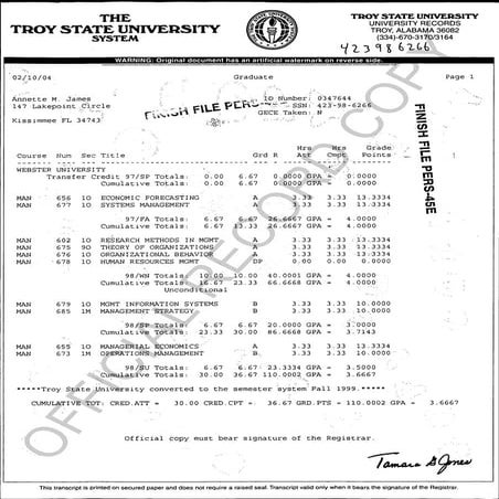 TROY UNIVERSITY TRANSCRIPT