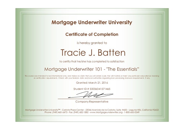 Underwriter 101 Certificate Tracie Batten