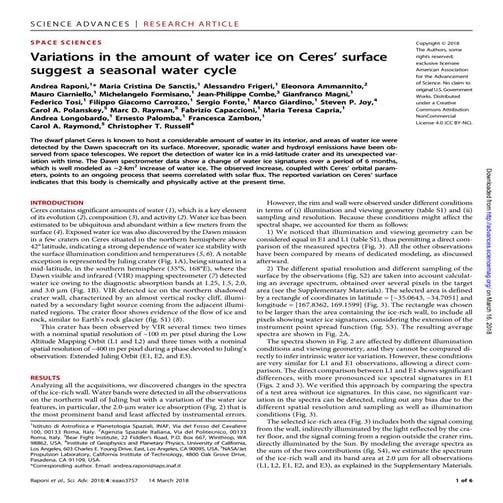 Variations in the amount of water ice on Ceres’ surface suggest a seasonal water cycle