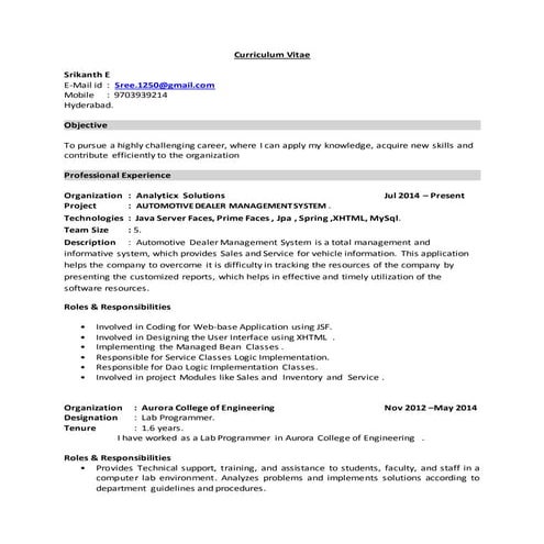 srikanth Curriculamvitae analyticx