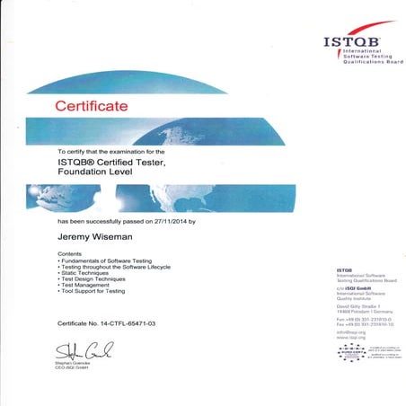 CerfiicateISTQBCertifiedTesterFoundationLevel