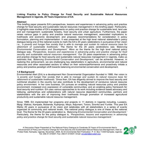 Linking Practice to Policy Change for Food Security and Sustainable Natural Resources Management in Uganda, 20 Years Experience of Environmental Alert