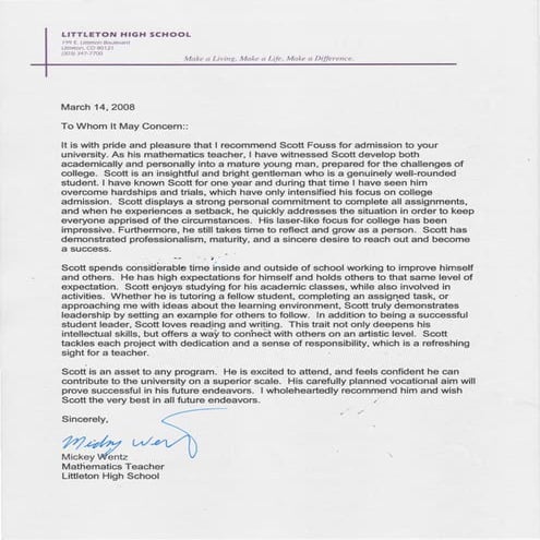 Letter of Recommendation from Mickey Wentz
