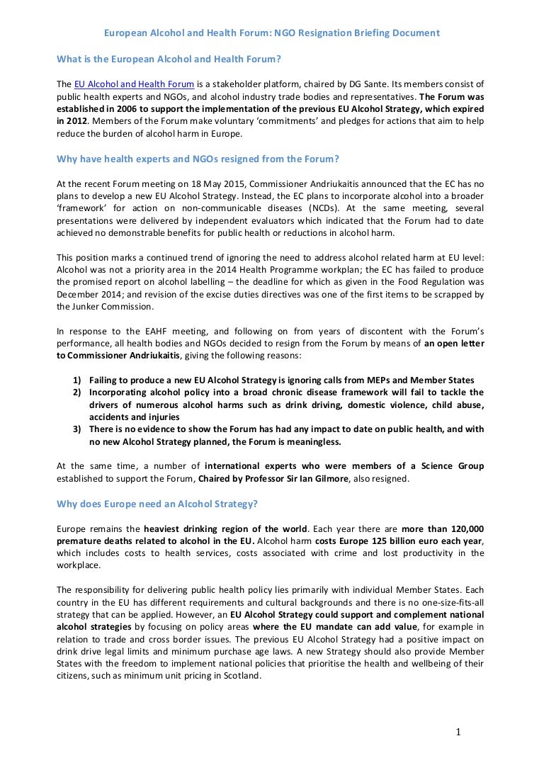 European Alcohol and Health Forum: NGO Resignation 