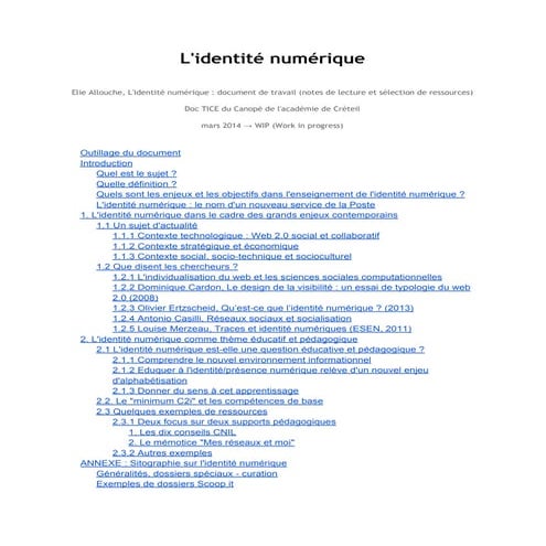 L'identité numérique - document de travail : notes de lecture et ressources