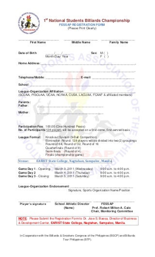 FESSAP Billiard Registration Form