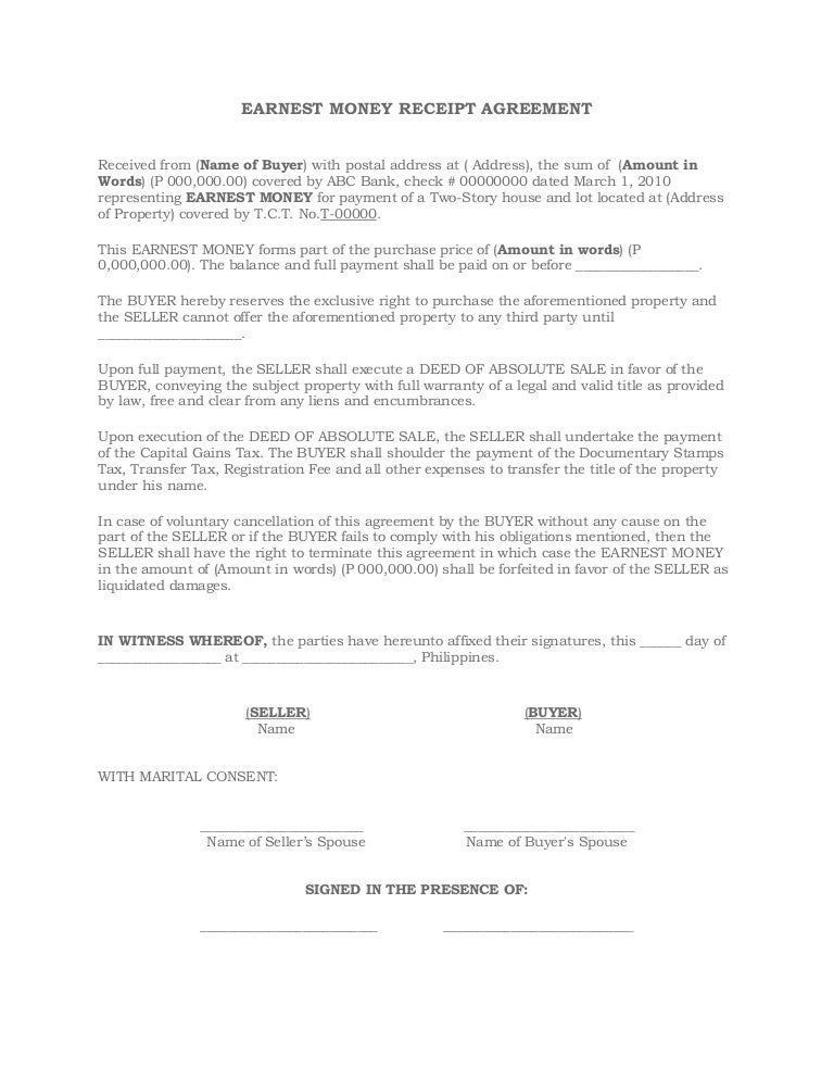 Earnest Money Receipt Agreement Earnest Money Receipt Agreement