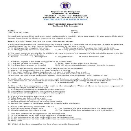 earth and life sciences First Quarter Exam.docx