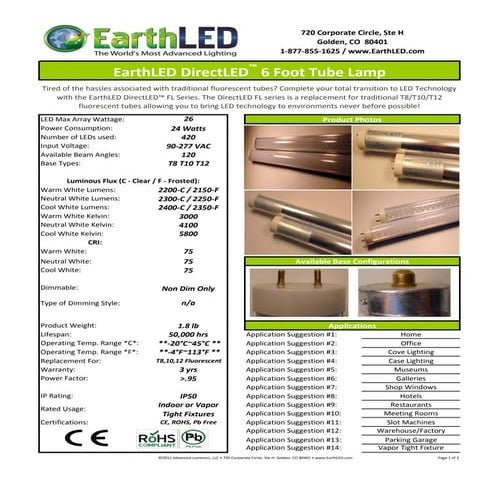 Earth led direct led 6 foot tube light cut sheet