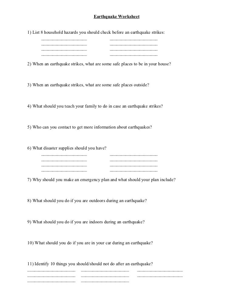 Earthquake worksheet