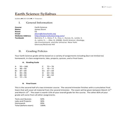 Earth Science Syllabus T2