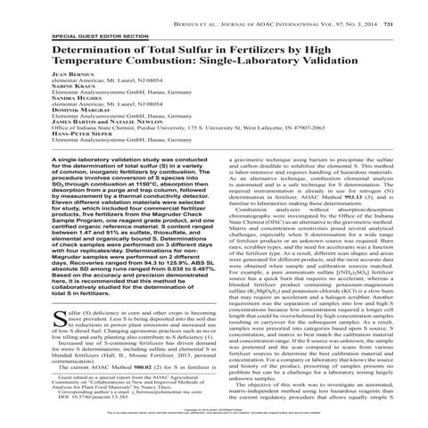 Determination of Total Sulfur in Fertilizers by High Temperature Combustion