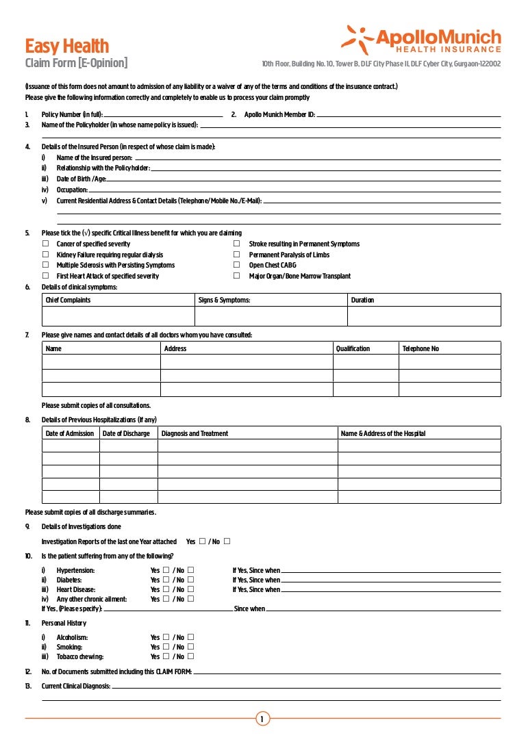 Apollo Munich Easy Health Insurance Claim Form (Eopinion) Apollo Munich Easy Health Insurance Claim Form (Eopinion)