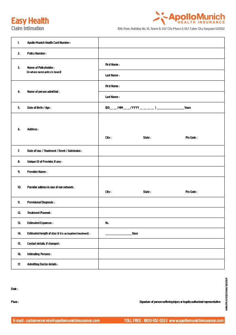 Apollo Munich Easy Health Claim Intimation Form