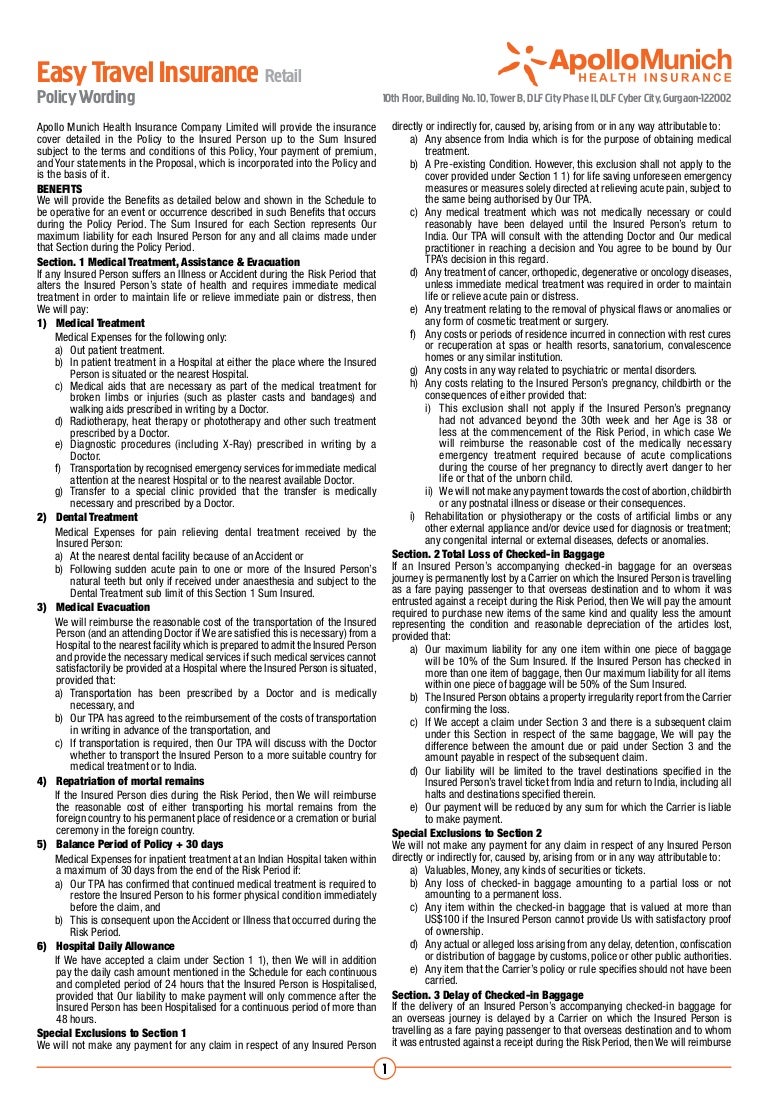 Apollo Munich Easy Travel Insurance Policy Wordings