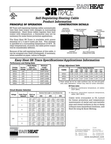 EasyHeat SR Heat Tracing Cable - Spec Sheet