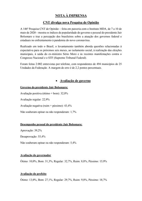 pesquisa CNT MDA Bolsonaro