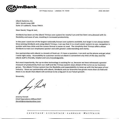 eBank Core System, Trinisys, Reference Letters