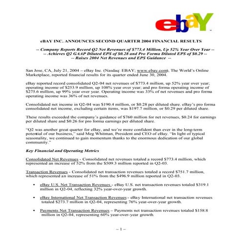 Ebay News 2004 7 21 Earnings